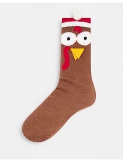 Slipper crew sock with 3D turkey design