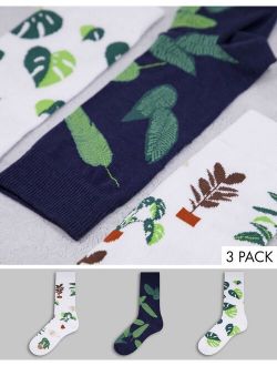 3 pack crew socks with plant designs