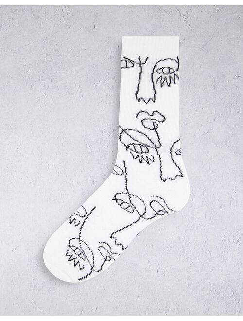 Asos Design handrawn face sports crew socks in white
