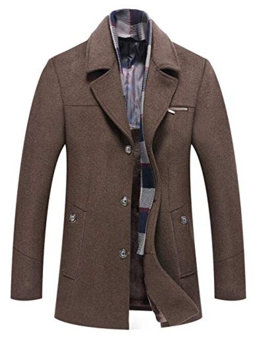 chouyatou Men's Detachable Scarf Notched Collar Single Breasted Sherpa Lined Woolen Pea Coat