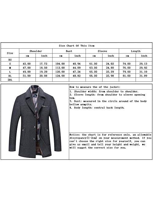 chouyatou Men's Detachable Scarf Notched Collar Single Breasted Sherpa Lined Woolen Pea Coat