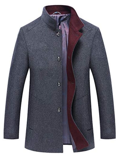 chouyatou Men's Essential Banded Collar 3 Button Slim Formal Midweight Wool Splited Pea Coat