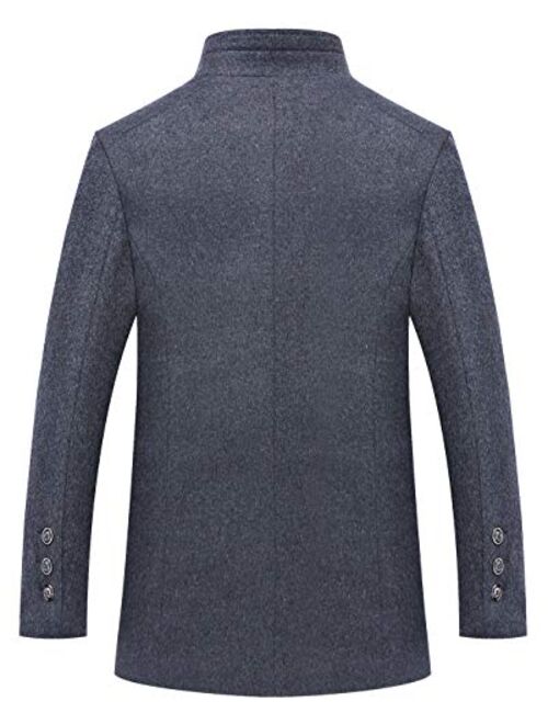 chouyatou Men's Essential Banded Collar 3 Button Slim Formal Midweight Wool Splited Pea Coat