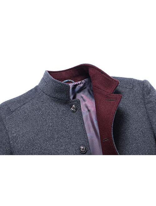 chouyatou Men's Essential Banded Collar 3 Button Slim Formal Midweight Wool Splited Pea Coat