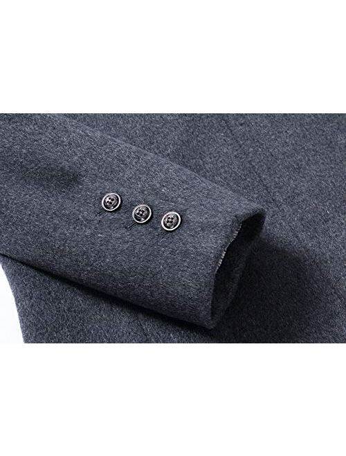 chouyatou Men's Essential Banded Collar 3 Button Slim Formal Midweight Wool Splited Pea Coat