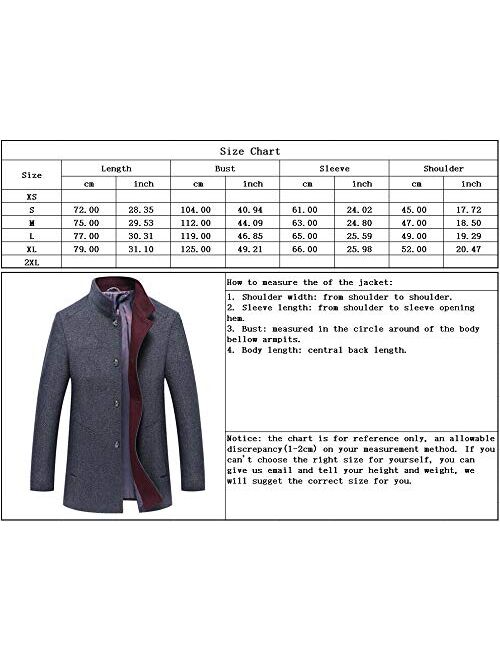 chouyatou Men's Essential Banded Collar 3 Button Slim Formal Midweight Wool Splited Pea Coat