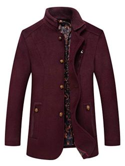 Men's Formal Single Breasted Slim Fit Wool Blend Pea Coat with Detachable Knitted Collar