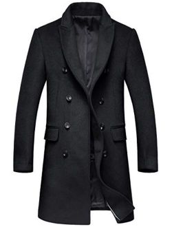Men's Fashion Notched Collar Double Breasted Slim Wool Blend Mid Walker Coat