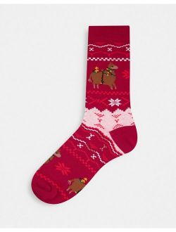 christmas llama fairisle ankle socks in red