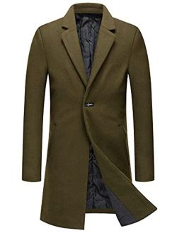 Men's Winter Notched Collar 1 Button Slimming Thick Quilted Lining Wool Mid-Length Trench Overcoat