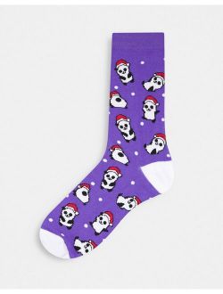 christmas panda crew socks in purple