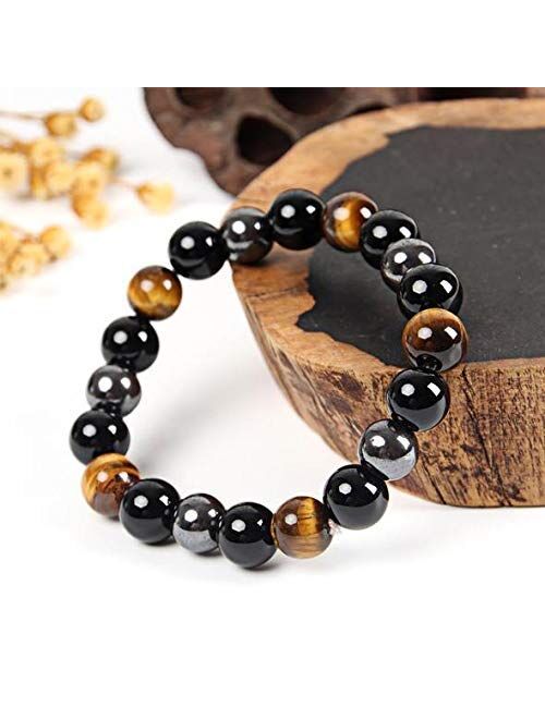 Crystal Agate ( Best Deals 2021) Triple Protection Bracelet - For Protection - Bring Luck And Prosperity - Hematite - Black Obsidian - Tiger Eye - Stone Bracelets