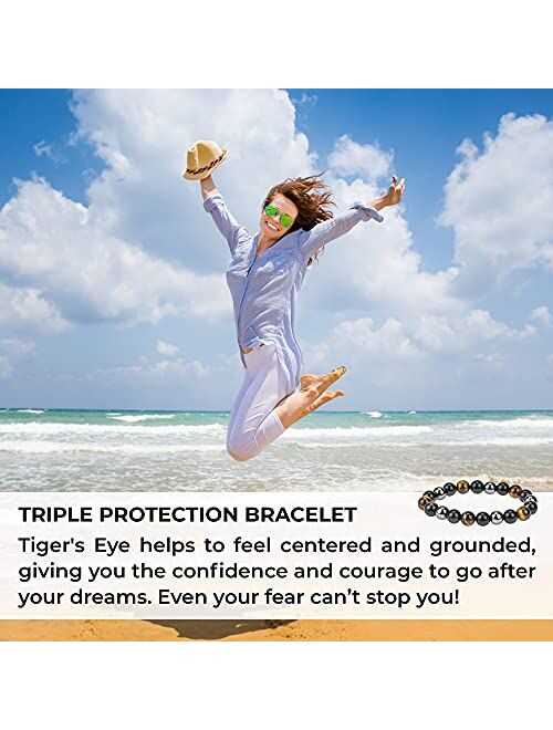 Crystal Agate ( Best Deals 2021) Triple Protection Bracelet - For Protection - Bring Luck And Prosperity - Hematite - Black Obsidian - Tiger Eye - Stone Bracelets