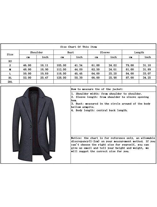 chouyatou Men's Winter Notched Collar Slim Single Breasted Wool Blend Pea Coat Detachable Scarf