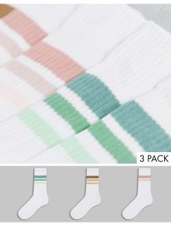 3-pack sport socks with color block stripes in white