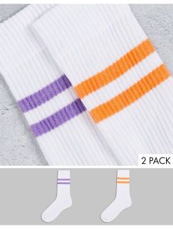 2 pack white sports sock with color block stripe