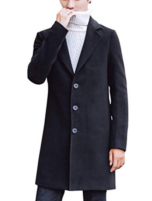 chouyatou Men's Classic Fit Formal Work Single Breasted Mid Long Wool Top Coat
