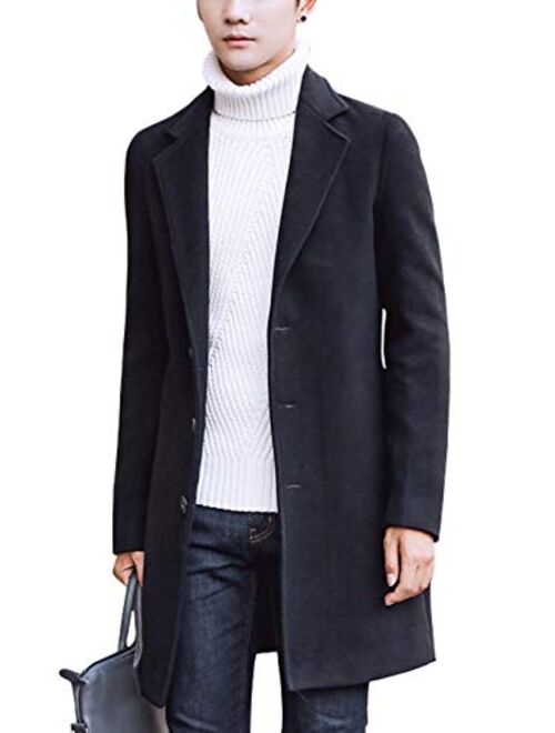 chouyatou Men's Classic Fit Formal Work Single Breasted Mid Long Wool Top Coat