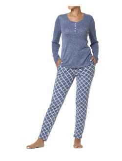 Women's Doodle Plaid Henley Ribbed Pajama Set