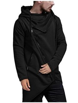 Men's Fashion Hoodie Lightweight Casual Sweatshirt Irregular Hem Pullover Hip Hop Long Length Zipper Hooded