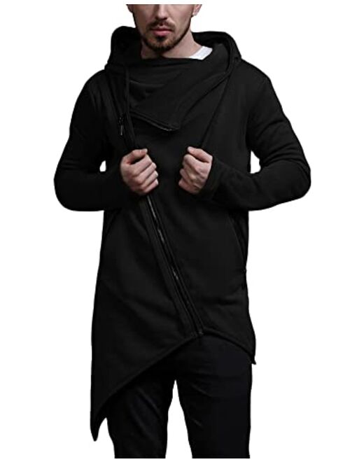 COOFANDY Men's Fashion Hoodie Lightweight Casual Sweatshirt Irregular Hem Pullover Hip Hop Long Length Zipper Hooded
