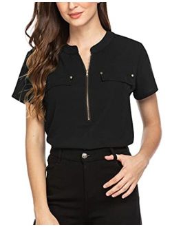 ANGVNS Women Chiffon Blouse Summer Fashion Zip V Neck Business Casual Clothes Casual Dress Shirts Tunic Top