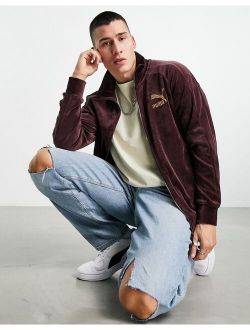 Icon velour track jacket in burgundy and gold