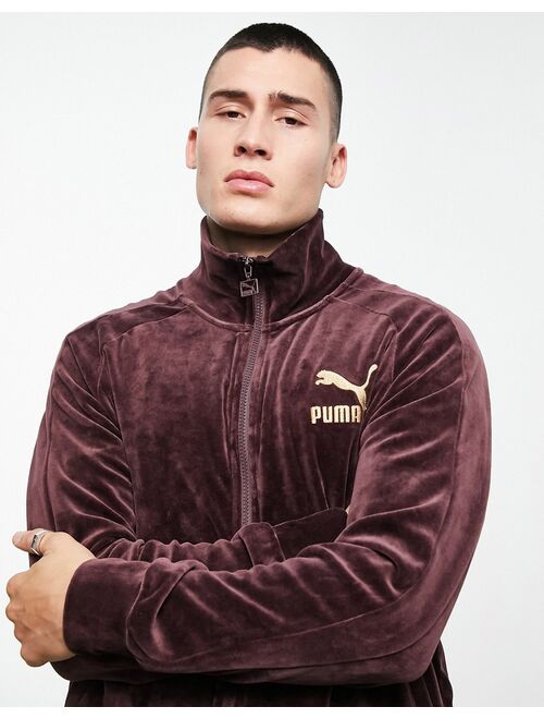 Puma Icon velour track jacket in burgundy and gold