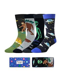 Zmart Men Funny Shark Alien Bigfoot Socks Novelty Food Christmas Kitchen Space Gift in 4 Pack