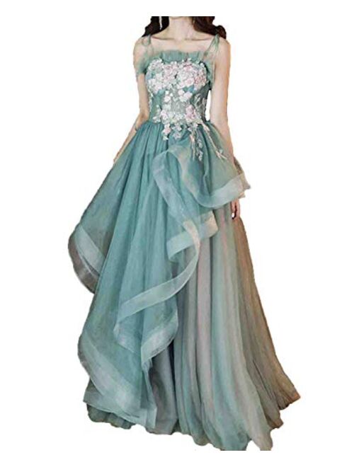 Gricharim Women's Spaghetti Strap Applique Prom Dresses Long Tulle Ruched Evening Formal Gowns