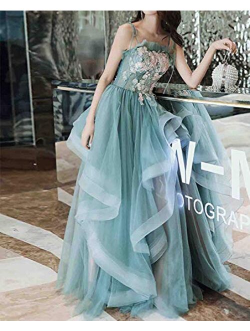 Gricharim Women's Spaghetti Strap Applique Prom Dresses Long Tulle Ruched Evening Formal Gowns