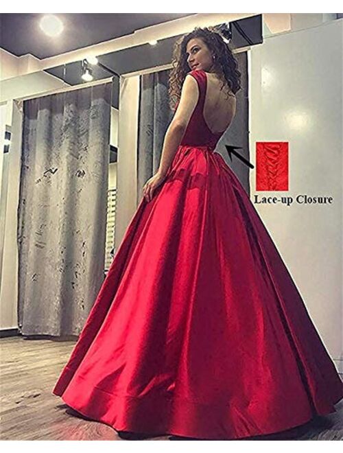 Gricharim Women's Long Satin Prom Dresses A Line Backless Evening Gowns with Pockets