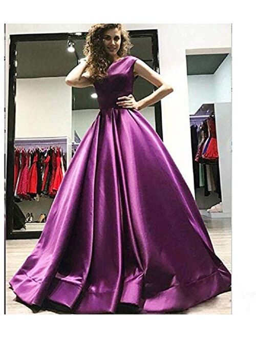 Gricharim Women's Long Satin Prom Dresses A Line Backless Evening Gowns with Pockets
