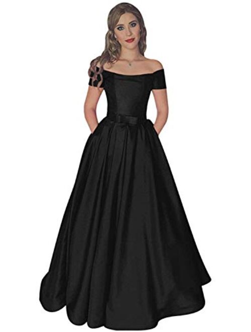 Gricharim Women's Off The Shoulder Long Prom Dresses Satin Evening Formal Gowns with Pockets