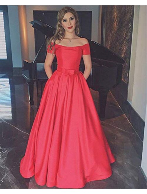 Gricharim Women's Off The Shoulder Long Prom Dresses Satin Evening Formal Gowns with Pockets