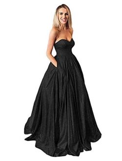 Women's Sweetheart Glitter Shiny Long Prom Dresses Ball Gown Formal Dress with Pockets