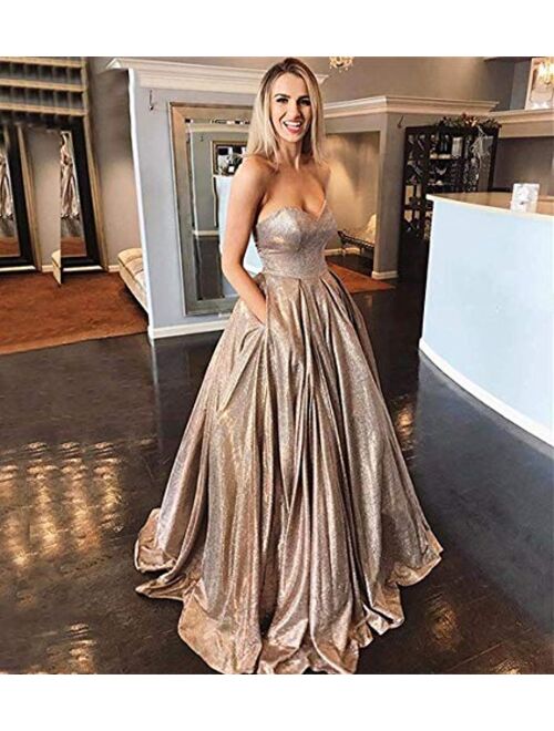 Gricharim Women's Sweetheart Glitter Shiny Long Prom Dresses Ball Gown Formal Dress with Pockets