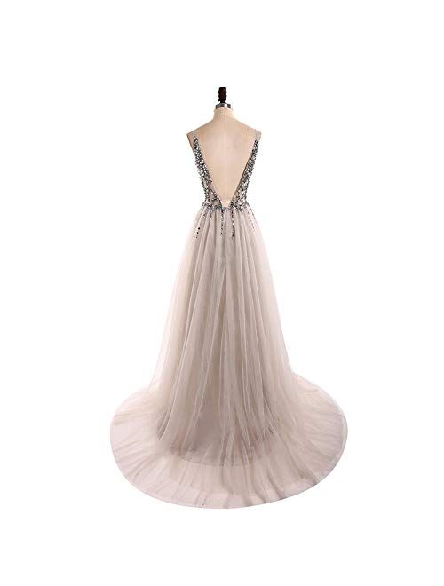 Gricharim Women' Beaded V Neck Tulle Prom Dress Long Slit Evening Gowns