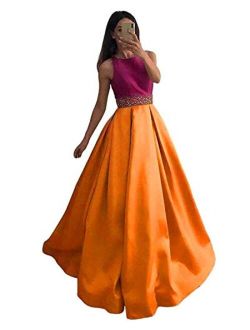 Women's Sleeveless Beaded Prom Dresses Long Satin Ball Gown Backless Evening Formal Gowns