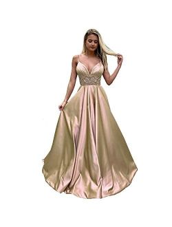 Luxury Women's Spaghetti Strap Beaded A Line Prom Dresses Long Evening Formal Gowns