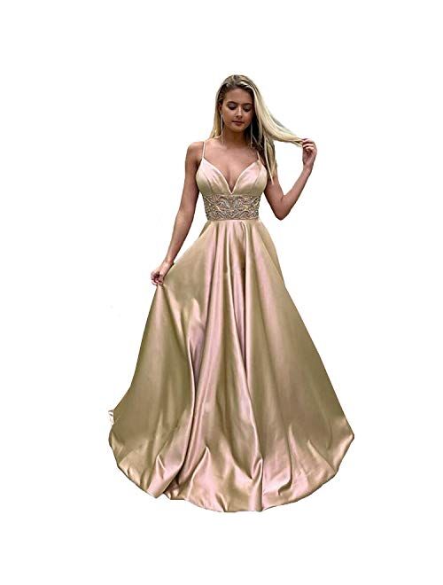 Gricharim Luxury Women's Spaghetti Strap Beaded A Line Prom Dresses Long Evening Formal Gowns