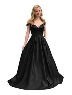 Off The Shoulder Beaded Satin Long Prom Dress Ball Gowns for Juniors Formal Gowns