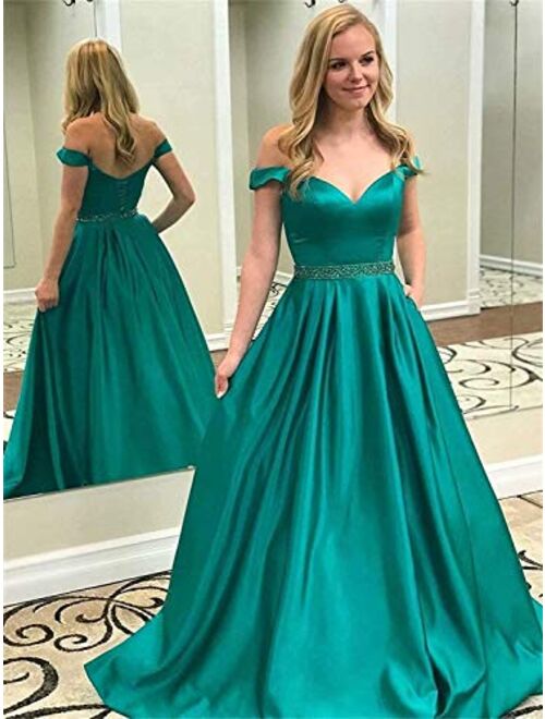 Gricharim Off The Shoulder Beaded Satin Long Prom Dress Ball Gowns for Juniors Formal Gowns