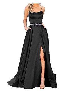 Sexy Women's Halter Long Prom Dresses Slit Beaded Evening Formal Gowns with Pockets