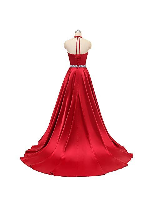 Gricharim Sexy Women's Halter Long Prom Dresses Slit Beaded Evening Formal Gowns with Pockets