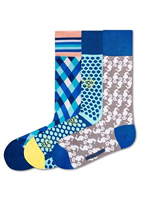 Love Sock Company 3 pairs Men's Colorful Fun Patterned Organic Cotton Socks - Blue Funky Socks Bundle