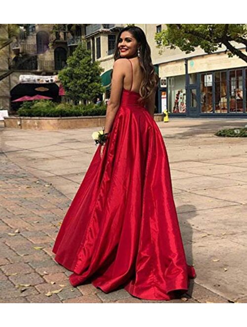 Gricharim Women's Deep V-Neck Prom Dresses Long Spaghetti Straps Evening Gowns with Pockets