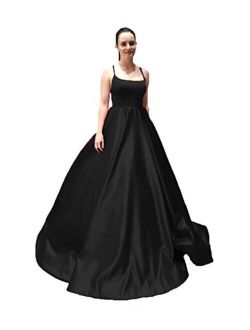 Spaghetti Strap Satin Prom Dresses Long Ball Gown Backless Evening Formal Gowns with Pockets