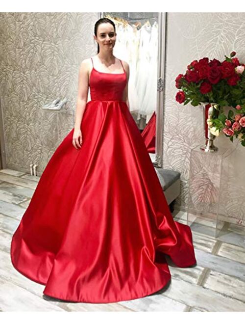 Gricharim Spaghetti Strap Satin Prom Dresses Long Ball Gown Backless Evening Formal Gowns with Pockets