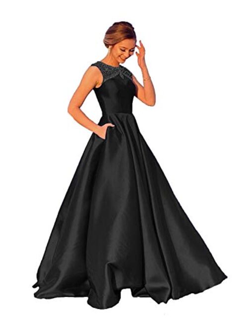 Gricharim Women's Beaded Satin Prom Dresses Long A Line Evening Formal Gowns with Pockets